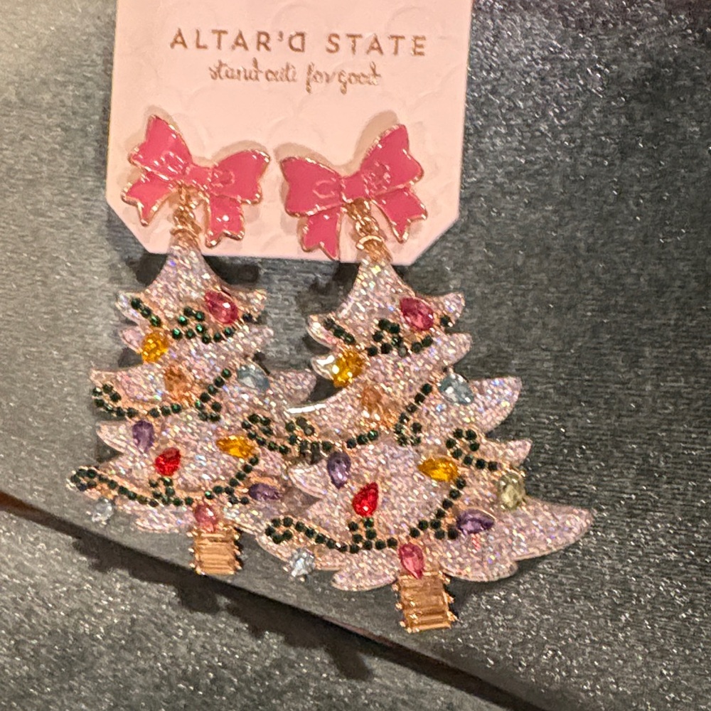 Altar'd State Glitter Christmas Tree Earrings Silver Holiday Party Statement - Picture 2 of 10